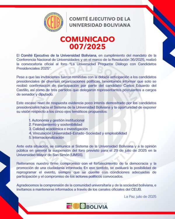 CEUB suspende foro con candidatos presidenciales por falta de participación
