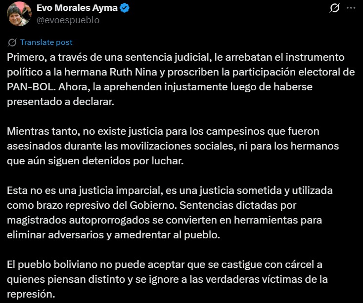 Evo Morales defiende a Ruth Nina y denuncia que su detención es injusta