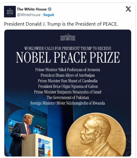La Casa Blanca respalda campaña para otorgar el Nobel de la Paz a Trump