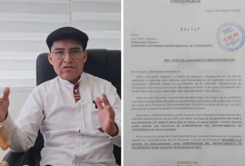 Gobernador interino de Chuquisaca denunciará a Condori por reincorporación anticipada