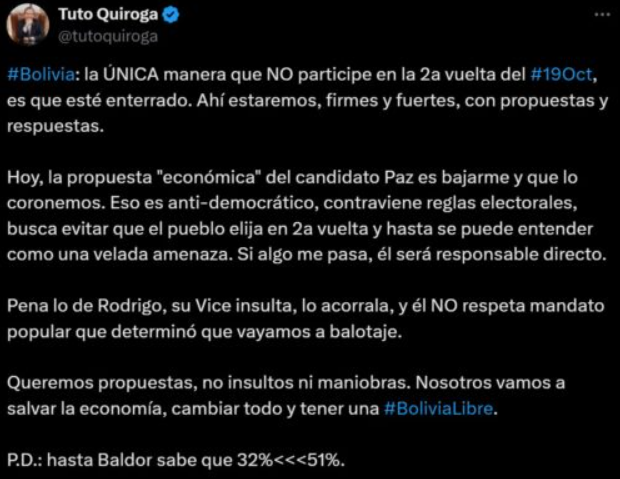 «Si algo me pasa, Paz será responsable directo», dice Tuto, quien irá «firme a segunda vuelta»
