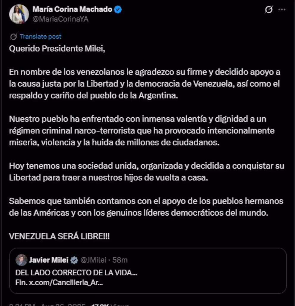 María Corina Machado agradece a Javier Milei por declarar al Cartel de los Soles como organización terrorista