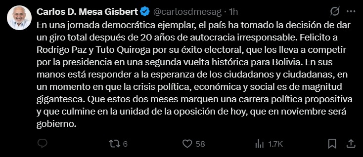 Carlos Mesa destaca balotaje y pide unidad en la oposición