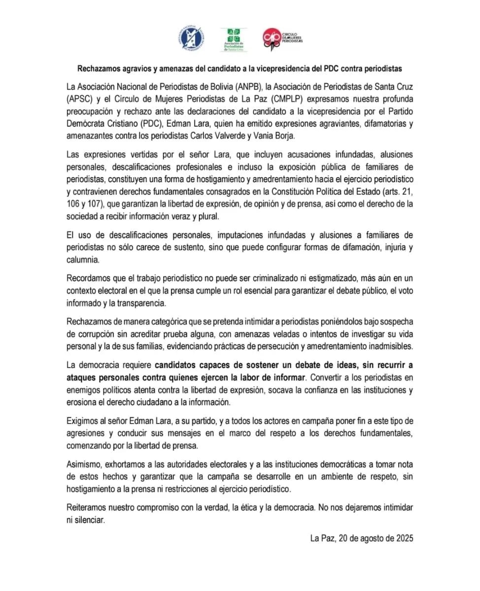 Asociaciones de periodistas rechazan ataques verbales de Edman Lara