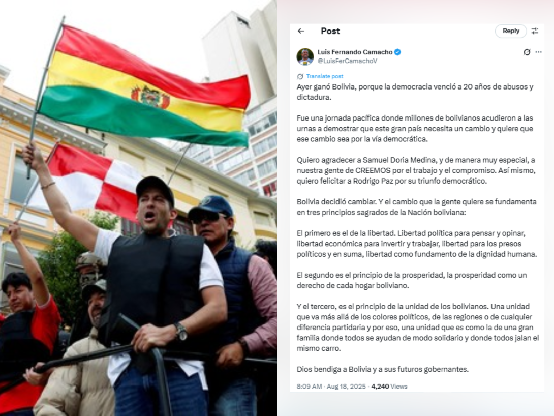 Luis Fernando Camacho destaca triunfo de la democracia desde Chonchocoro