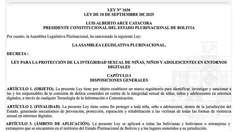 Arce promulga la Ley 1636 para proteger la integridad sexual de menores en entornos digitales