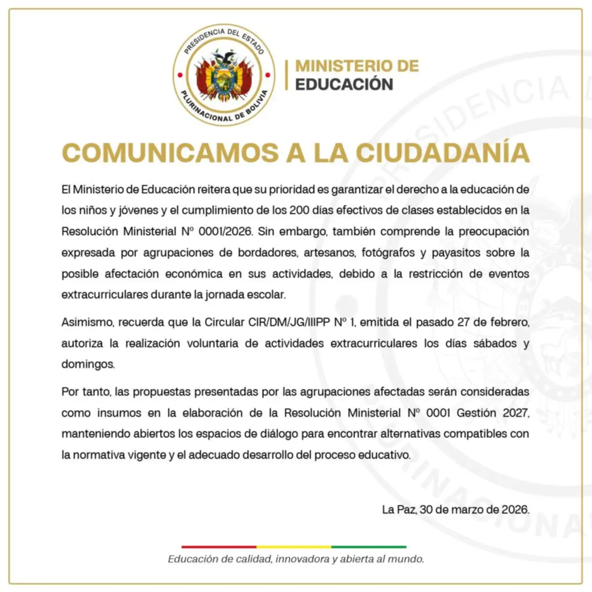 Educación aclara que actividades extracurriculares pueden realizarse en fines de semana