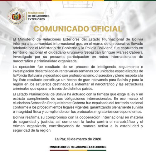 Cancillería exige cumplimiento de obligaciones internacionales tras captura y expulsión de Marset