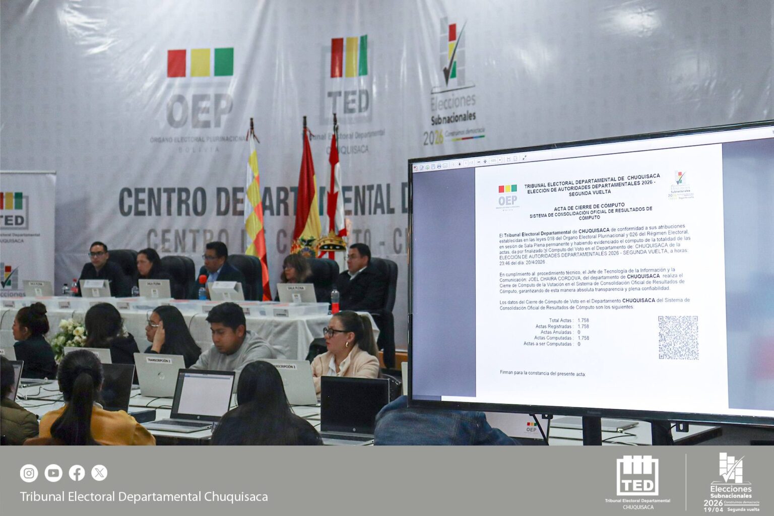 TED de Chuquisaca oficializa el triunfo de Luis Ayllón como Gobernador tras realizar el 100% del Cómputo