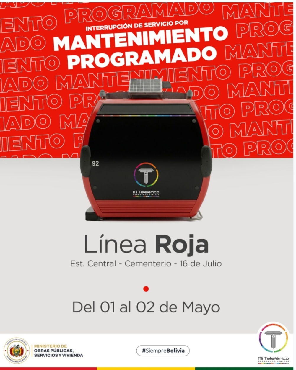 Línea Roja de Mi Teleférico suspenderá servicio por mantenimiento el 1 y 2 de mayo
