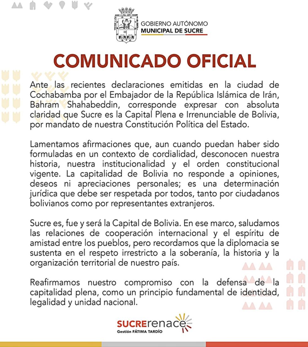 Sucre exige disculpas a embajador de Irán por polémicas declaraciones