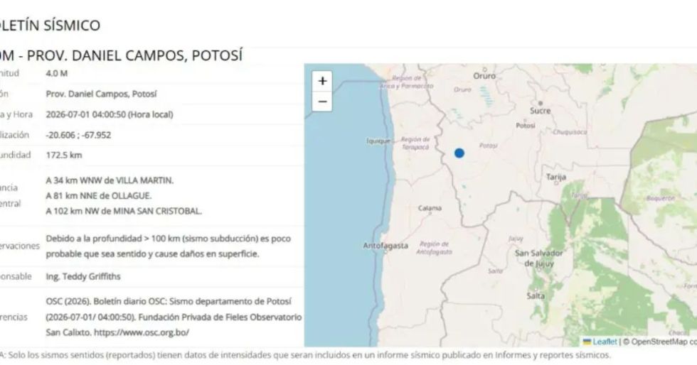 Sismo de magnitud 4.0 se registra en Potosí sin causar daños