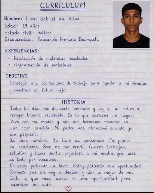 Currículum escrito a mano conmueve a miles y abre puertas a un joven brasileño